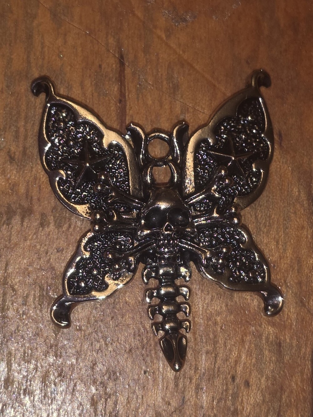 Small Silver Tone Obsidian Moth Pendant For Necklace